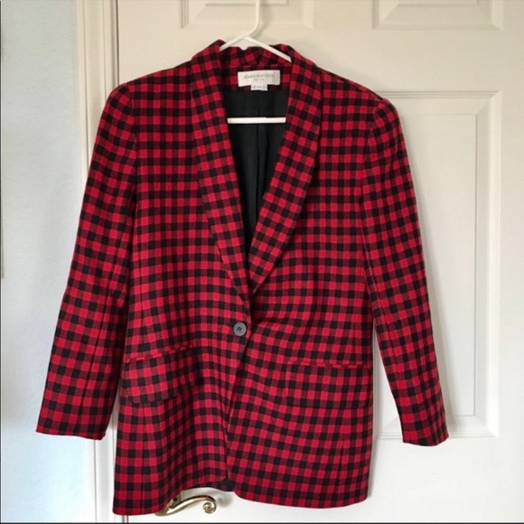 🌲 Vintage Wool Red & Black Check / Plaid Blazer - Picture 2 of 13